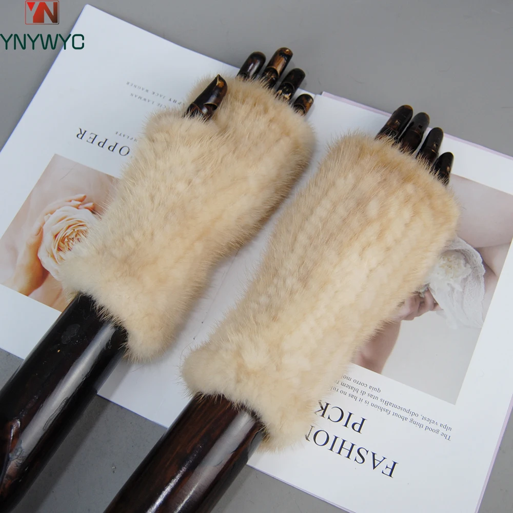 Winter Gloves Lady Real Mink Fur Gloves Girls Real Knitted Mink Fur Fingerless Gloves Winter Strong Elasticity Mittens