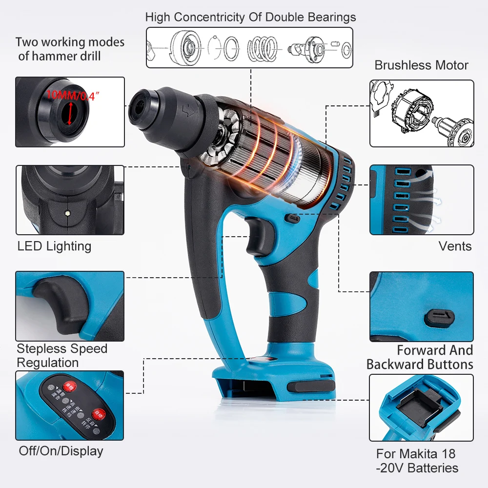 20V Brushless Electric Hammer 2in1 Cordless Rechargeable Electric Rotary Demolition Hammer Power Impact Drill For Makita Battery 4