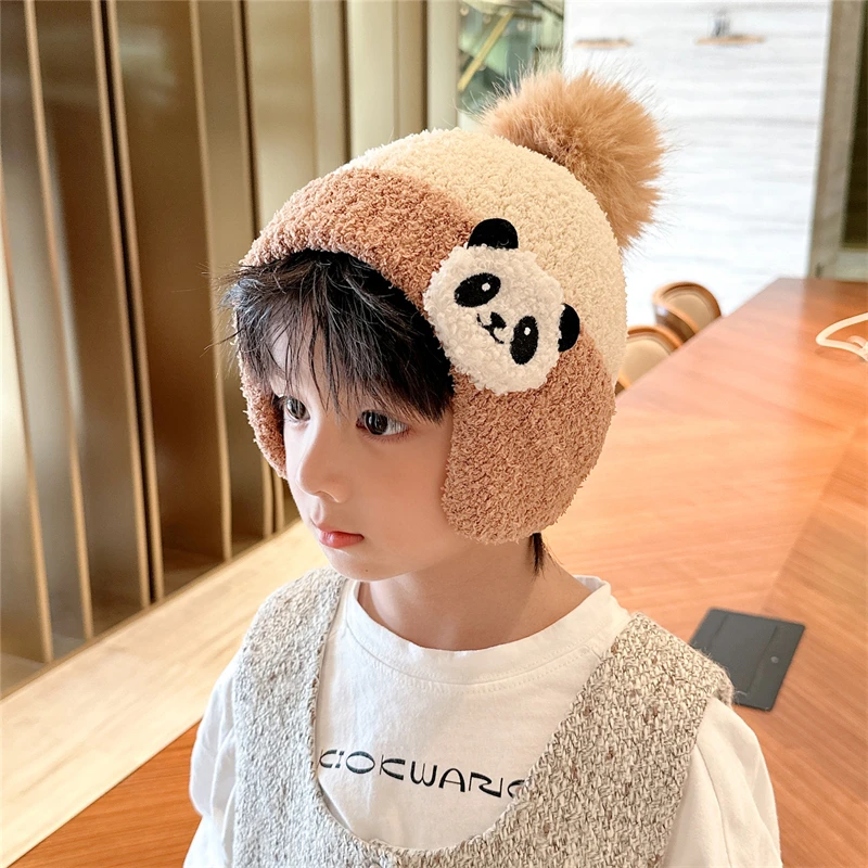 

Cartoon Panda Winter Baby Cap Ear Protection Knitted Hat for Toddler Boys Girls Beanie Thick Warm Kids Hat With Pom Gorros 아기모자
