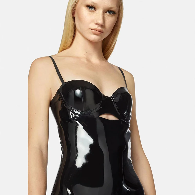

Women's Spaghetti Strap Midi Dress Wet Look Stretch Slim Patent Leather Dress Front Hollow-out PVC Clubwear New Custom
