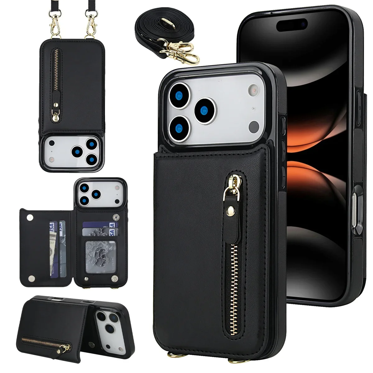 Elegant Leather Crossbody Zipper Wallet with RFID Protection and Card Slots