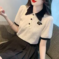 Short Sleeve Women's Polo Kawaii Summer Outfit T-shirts Contrast Color Aesthetic Korean Clothing Pulovers Trend 2025 Female Tee - Image 3