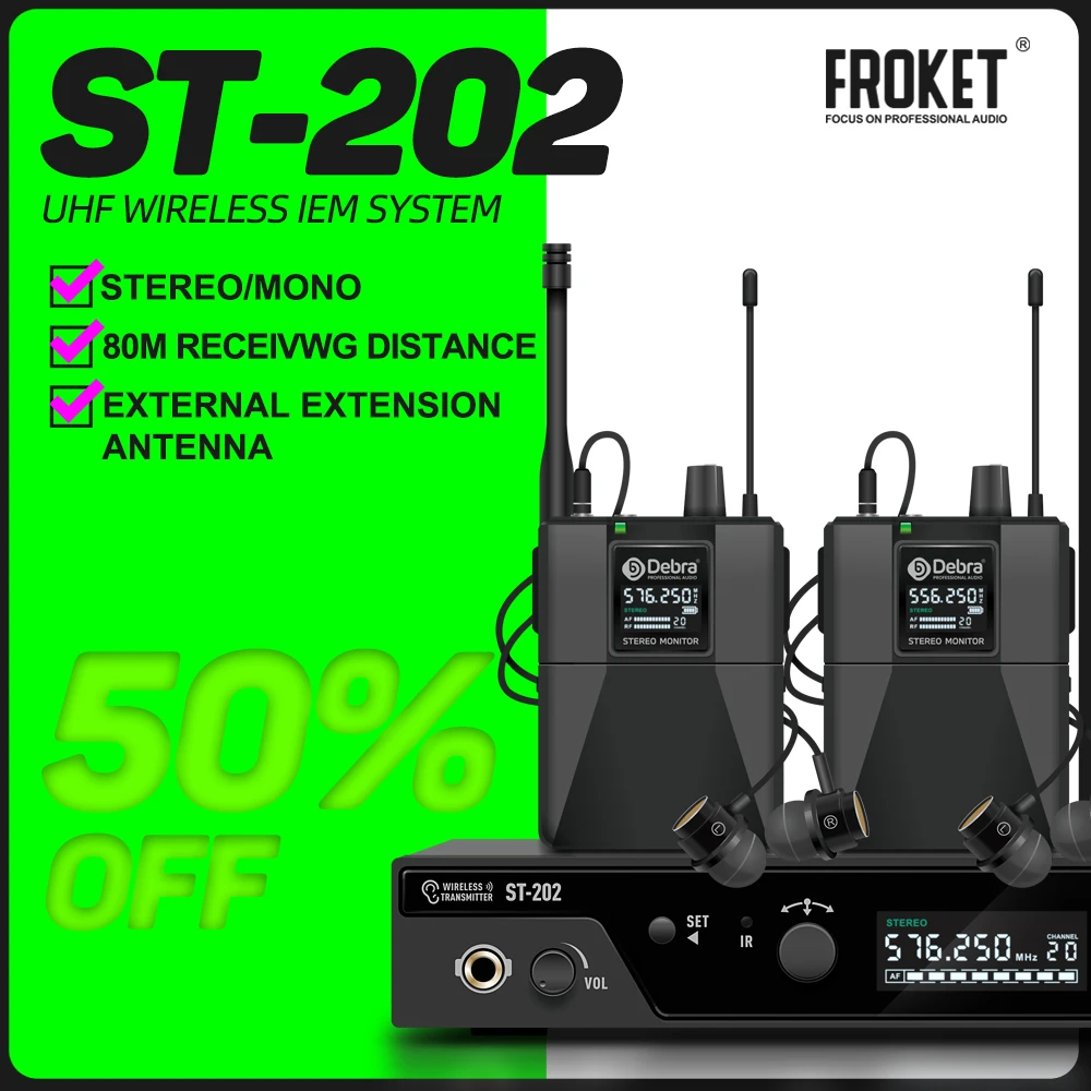 FROKET ST-202 Stereo Wireless In Ears Monitor System Stage Return Bodypack Receiver IEM System 560-590MHz Frequency Band