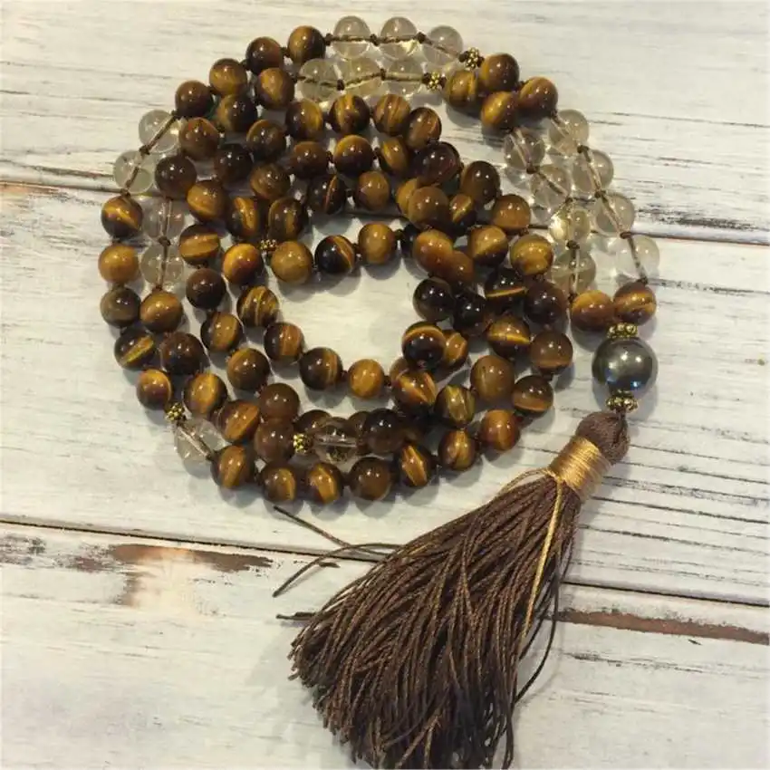 8mm Natural Tiger Eye 108 Beads Tassel Knot Necklace Men Bridal Peace Beads Spiritual Yoga Women Metal Pendant Meditation Lariat