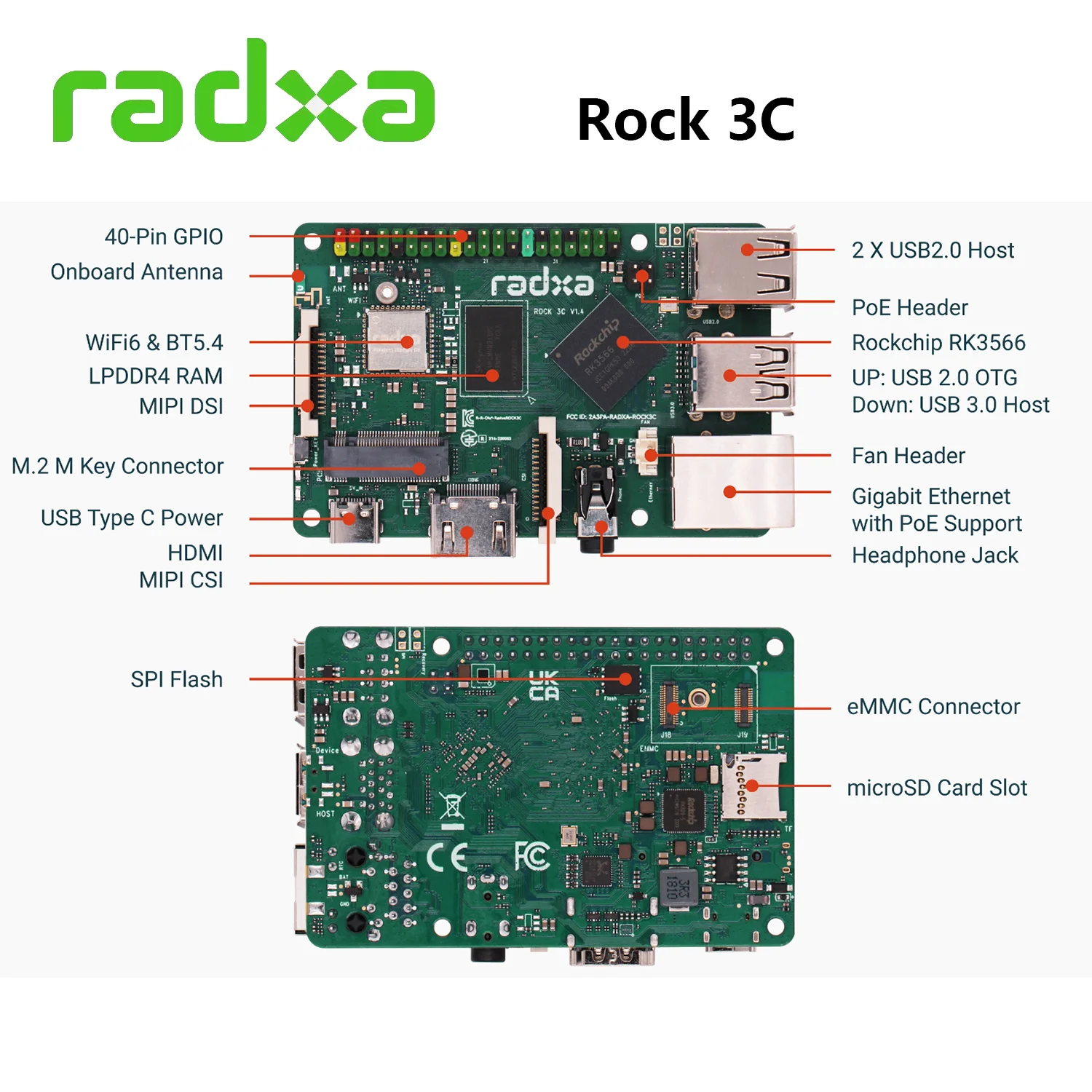 Radxa ROCK 3C Development Board RK3566 Quad-core Arm&reg; Cortex&reg;-A55 (ARMv8) 64-bit @ 1.6GHz Support 4K
