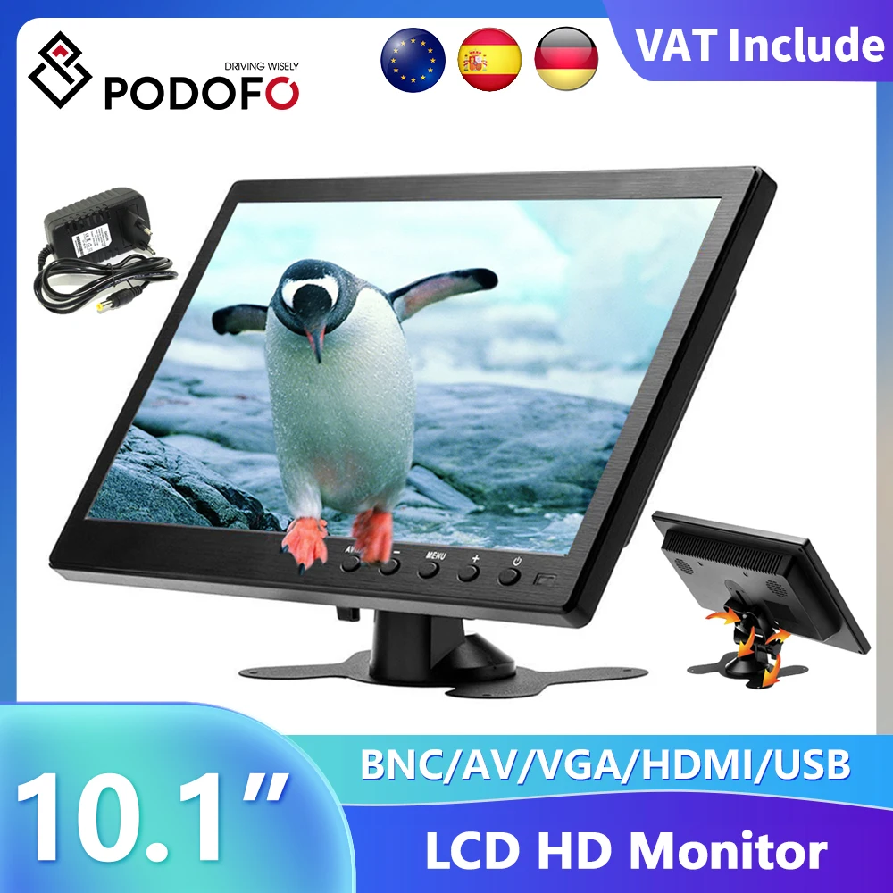 Podofo 10,1 "LCD 1024*600HD Monitor de coche Mini TV Monitor LCD pantalla Digital con HDMI/VGA/AV/USB/SD/TV/reproductor de DVD para monitoreo 1