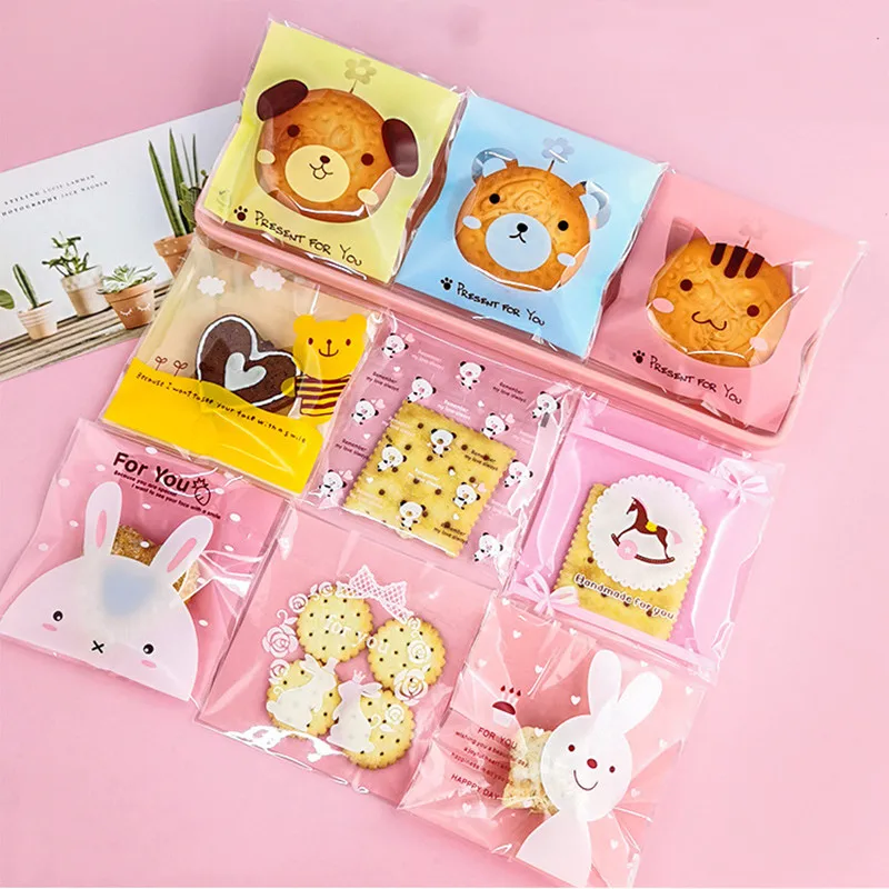 

100Pcs Cute Cartoon Plastic Bags Baked Creative Cookies Candy Ziplock Bags Party Gift Wrapping Supplies