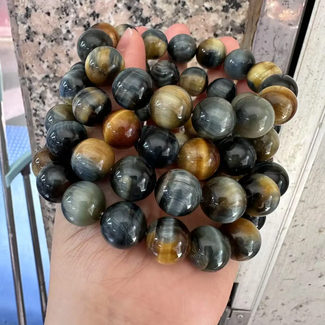 14MM Natural Yellow Blue Tiger's Eye Round Gemstone Beads 15''