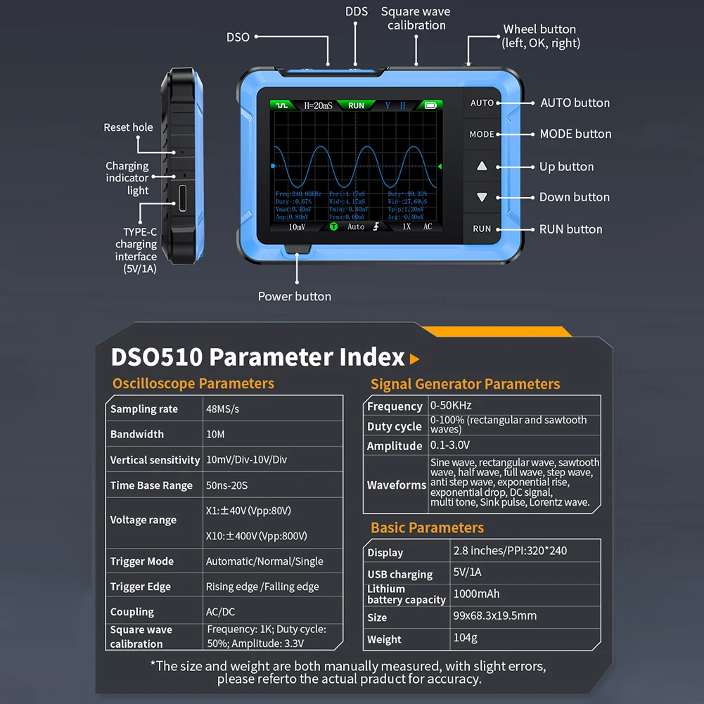 2.8 inch Display Efficient DSO510 Digital Oscilloscope with Multi Function Signal Generator for Electrical Testing and Analysis digital oscilloscope