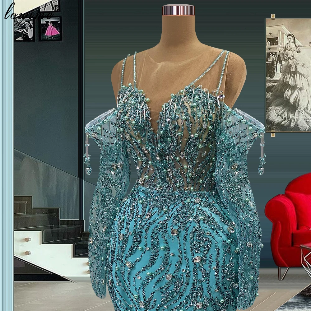 Sky Blue Mermaid Cocktail Dress Plus Size Off Shoulder Crystals Evening Gown With Pearls Turkish Couture