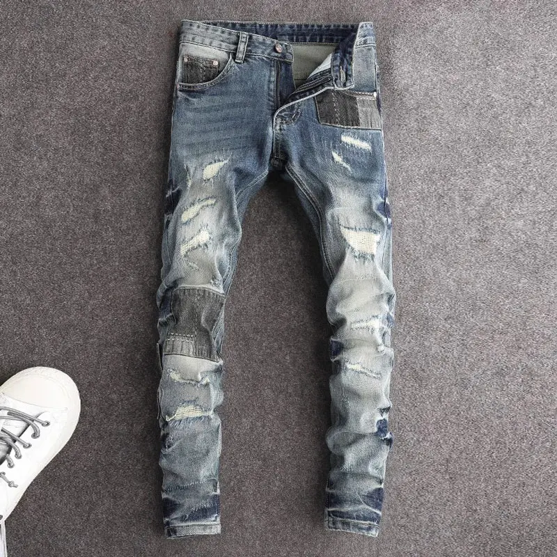 High Street Fashion Men Jeans Retro Washed Blue Stretch Slim Fit Ripped Jeans Men Patched Designer Hip Hop Denim Pencil Pants