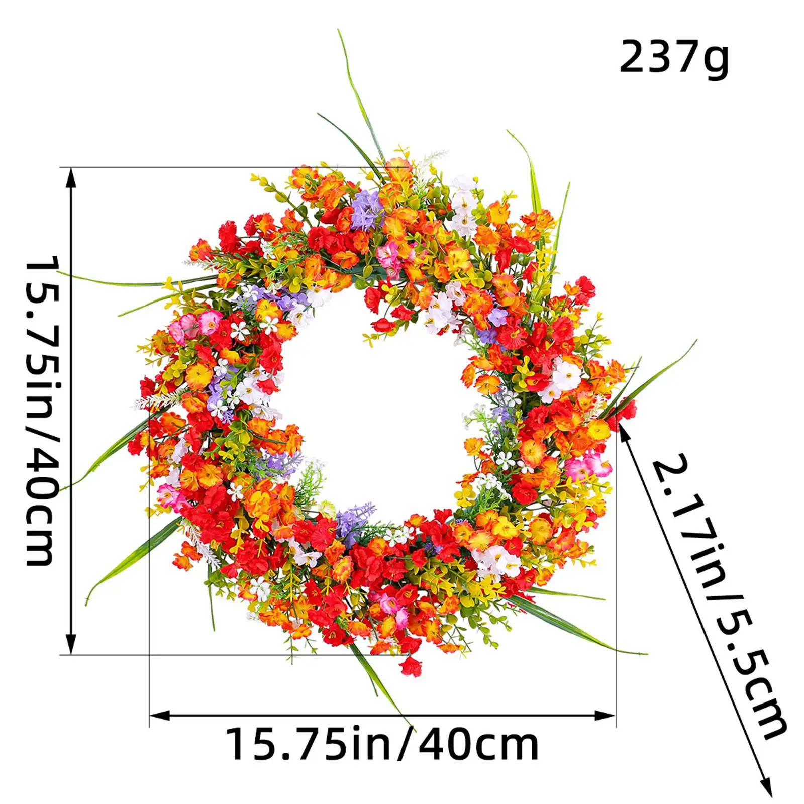 Wildflower Wreath Fashion Elegant Ornament 15.7inch Simple Hanging Artificial Wreath for Front Door Porch Festival Wedding Patio