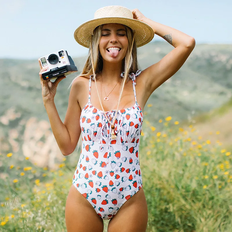 

Women's One Piece Strawberry Print Bandage Swimsuit, Female Swimwear, Bathing Suits, Summer Beach Wear, Sexy, 2022