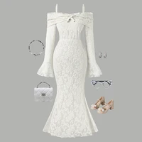 Robe en dentelle à épaules dénudées pour filles de 8 à 12 ans, détail nœud sur le devant et dos uni, robe sirène pour enfants 1
