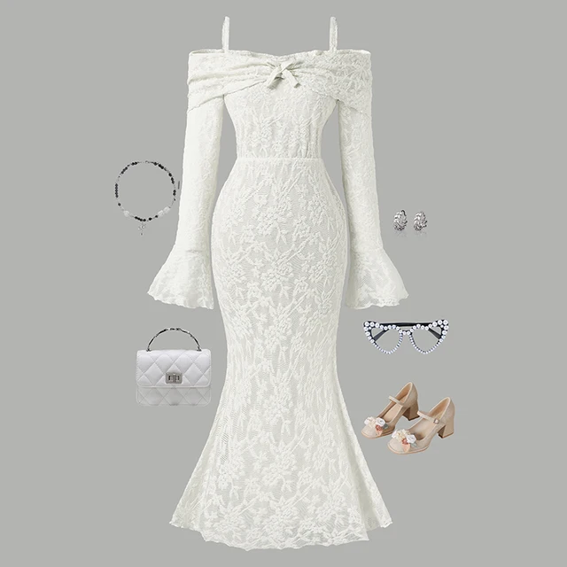 Robe en dentelle à épaules dénudées pour filles de 8 à 12 ans, détail nœud sur le devant et dos uni, robe sirène pour enfants 1