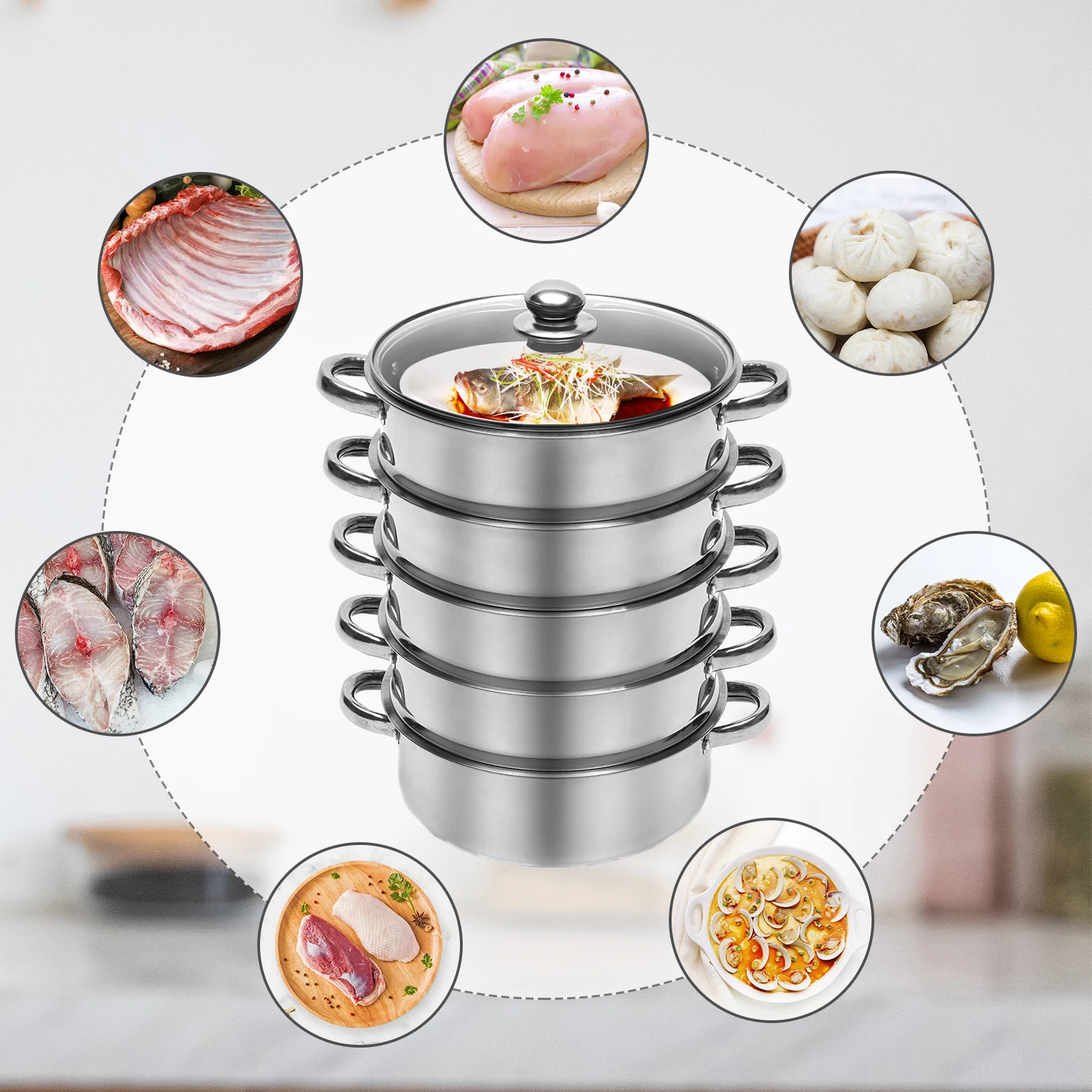 11 3 Tier Large Steaming Cooker Steamer Stainless Steel Food Veg Pot Sets  W/Glass Lid - AliExpress