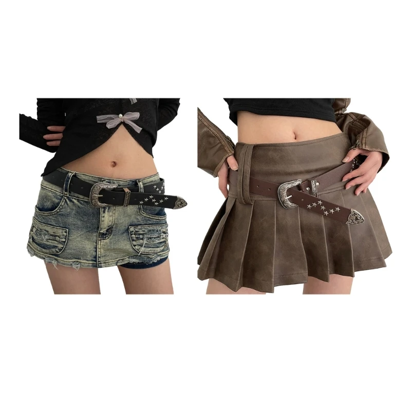 

Fashion Teens Carved Floral Waist Belt Star Rivet Decor Belt for Dress Shirt Dropship