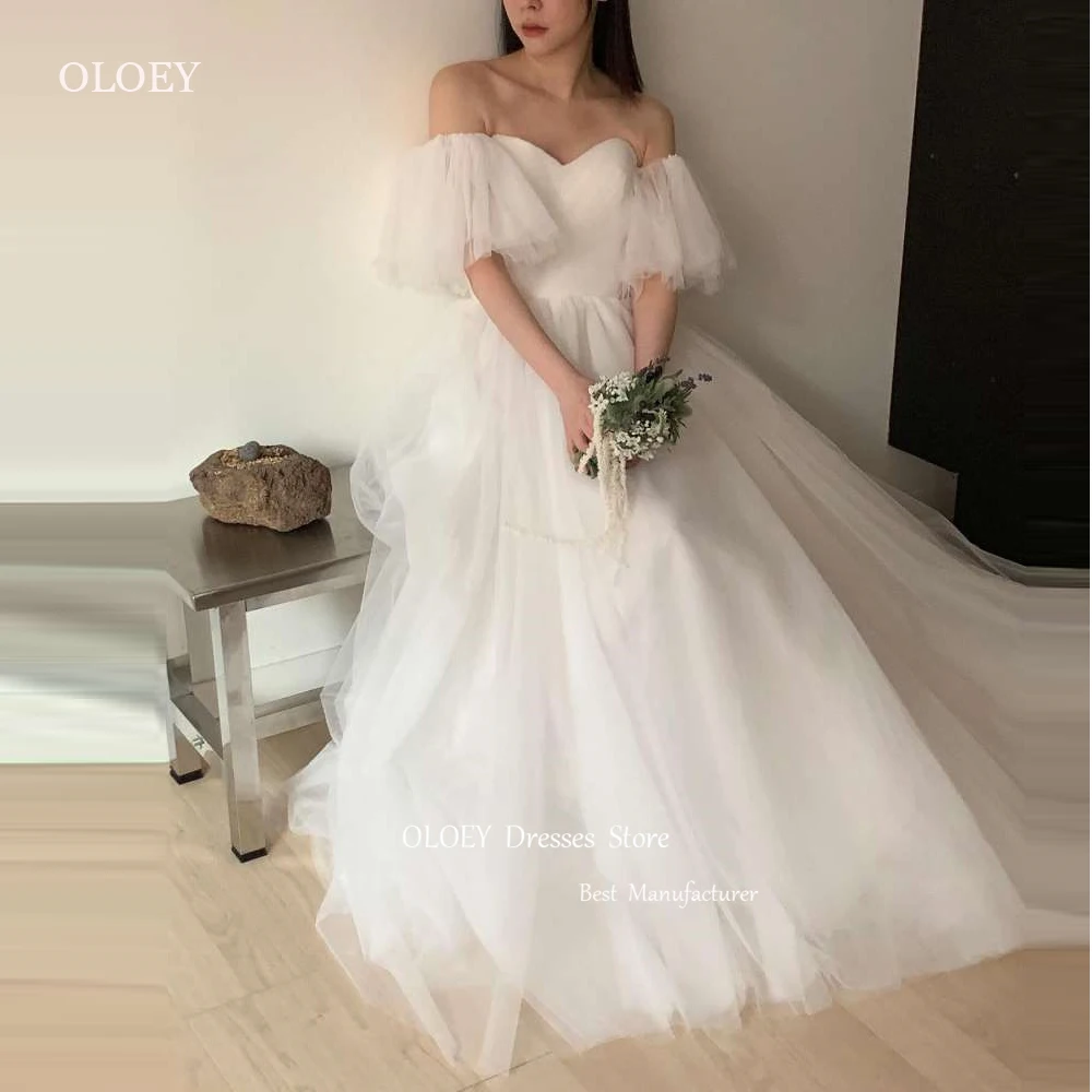 

OLOEY Simple A Line Sweetheart Tulle Wedding Dresses Puff Short Sleeves Corset Back Photoshoot Korea Bridal Gowns Mariage