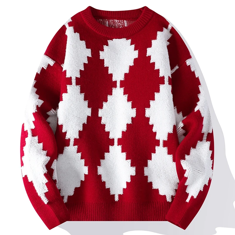 

2022 New Mens Warm Christmas Sweater Round Neck Streetwear Harajuku Patchwork Sweater Autumn Winter Male Fashion Trendy Pullover