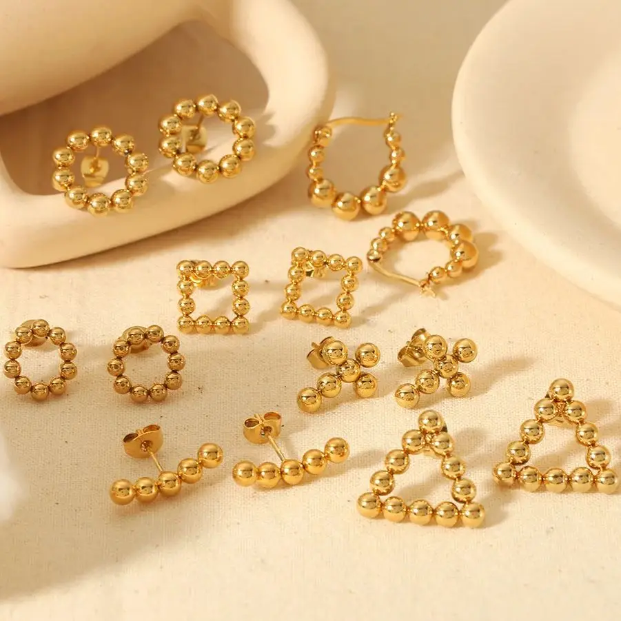 Edelstahl-Kugel-Design-Ohrstecker für Damen, vergoldete Perlen, rundes Kreuz, U-förmiger Ohrring, Ohrschmuck, Geschenke, wasserdicht
