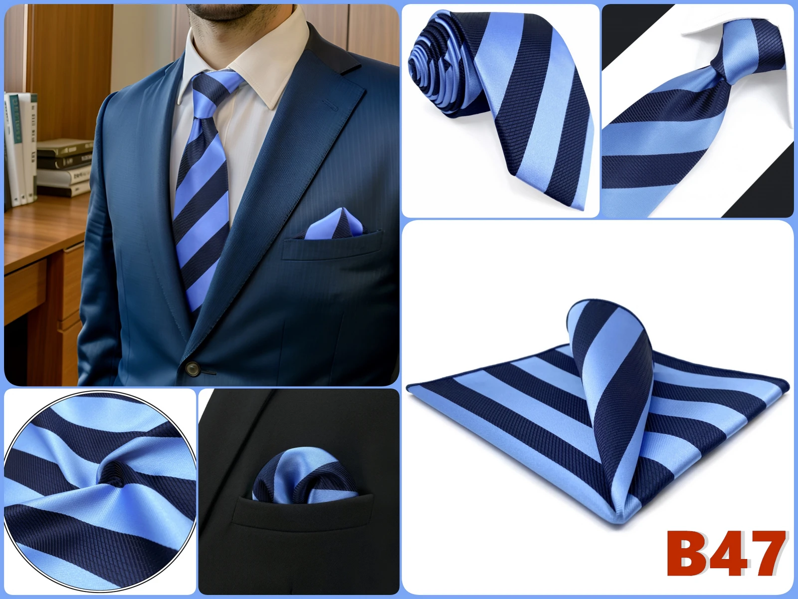 Extra Langes Herren-Krawatten- und Einstecktuch-Set, Kariertes Paisley-Muster, Blau, Braun, Silber, Grün, Geschenk, XL, Formelle Hochzeitskrawatten – Detail 24