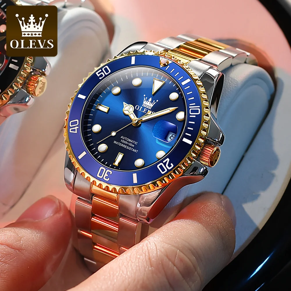 Olevs-relógio Mecânico Automático Impermeável Masculino Relógio de Pulso Analógico Moldura Rotativa Mergulho Verde Negócios Masculino