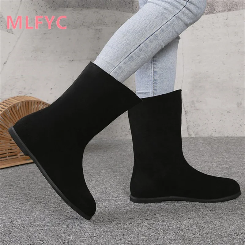 Retro Black Low Heel Short Boots Women's Autumn and Winter Single Boots Round Toe Flat Sole Socks Boots Elastic Boots