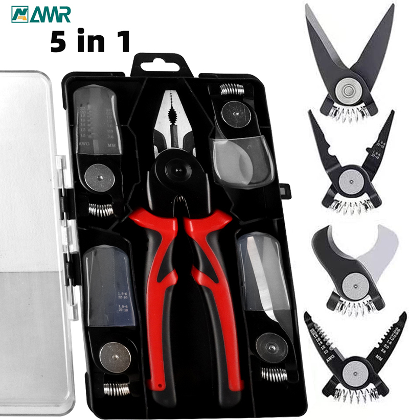 5 In 1 Combination Interchangeable Pliers Kit, Wire Stripper, Wire Crimper(22-10AWG), Linesman Pliers, Wire Cutter, Tin Snips
