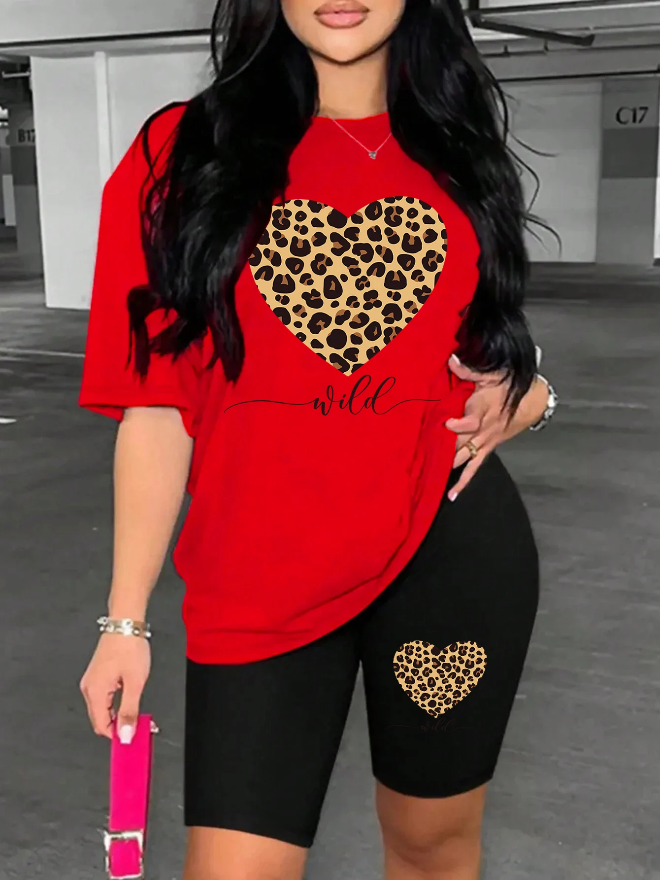Leopard Heart Pattern Printing Shorts Sets Fashion Cartoon Women'S Two Piece Set Breathable Comfortable Short Sleeved Shorts Set 3