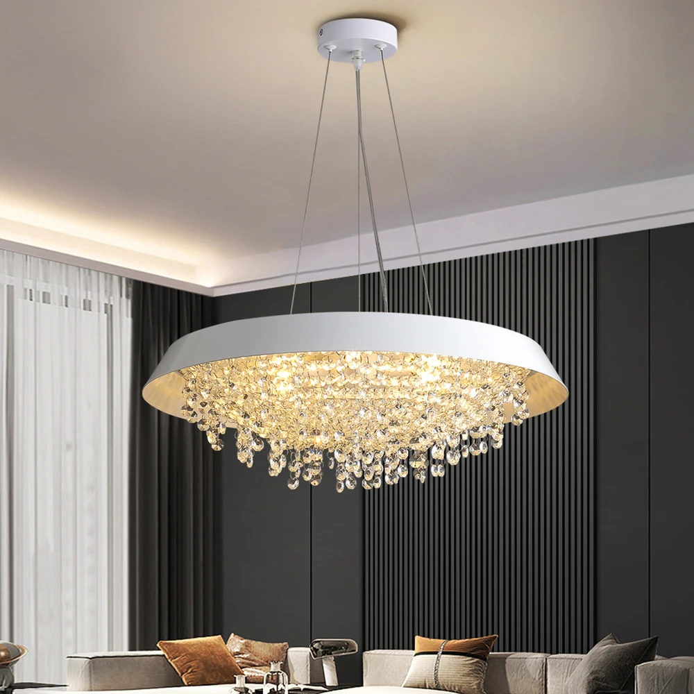 

Modern LED Crystal Chandeliers Round Hanging Pendant Lights Living Dining Room Kitchen Cristal Suspension Lighting Fixture White