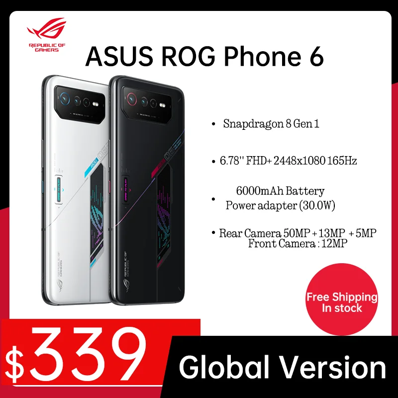 

Global Version ASUS ROG Phone 6 5G Smartphone Snapdragon 8+ Gen 1 6.78'' FHD+ 2448x1080 165Hz 6000mAh Battery, 50MP/13MP/5MP