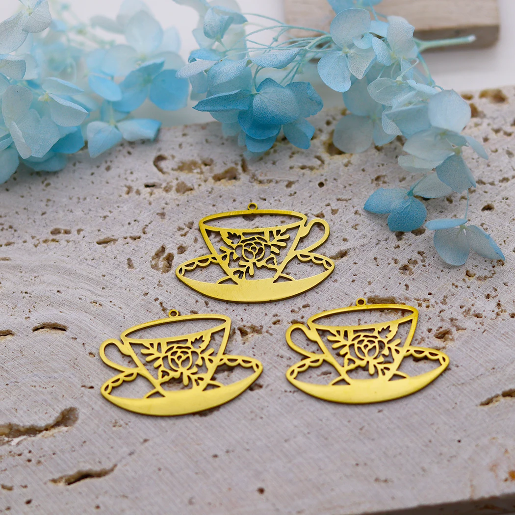 3pcs Stainless Steel Charms Coffee Tea Cup And Saucer With Flower