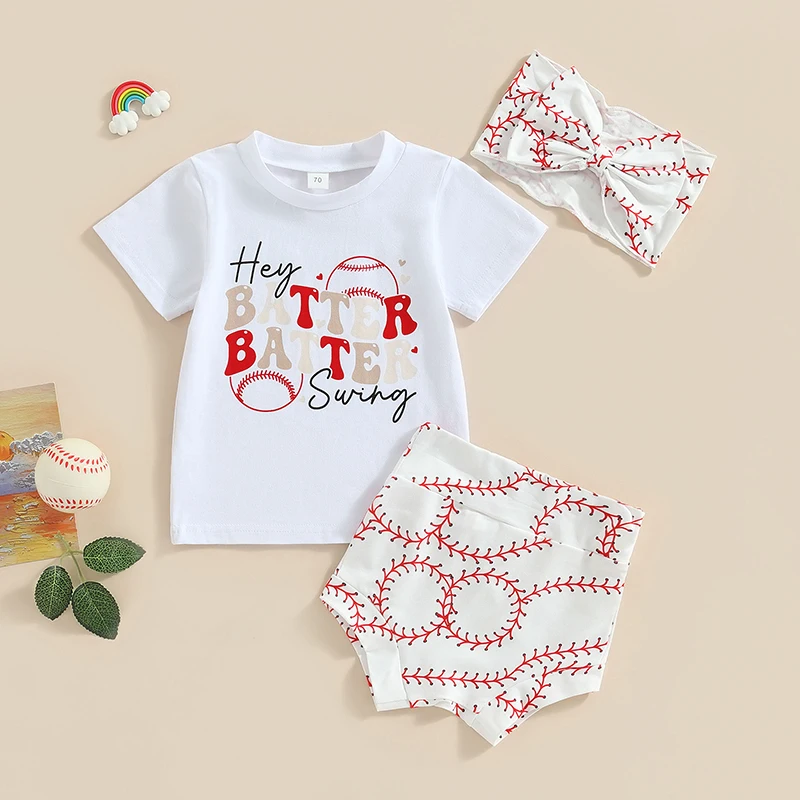 2023-04-21 Lioraitiin 0-24M Baby Girls 3Pcs Summer Outfits Letter Print Short Sleeve T-Shirt Baseball Print Shorts Headband Set