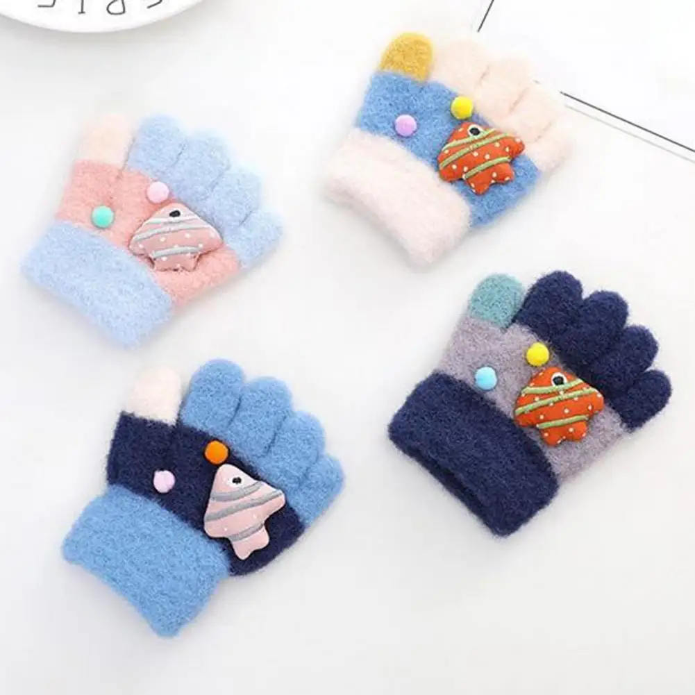 1 Pair Children Gloves Practical Knitting Flip Cover Design for Kids Full Finger Gloves Padded Gloves