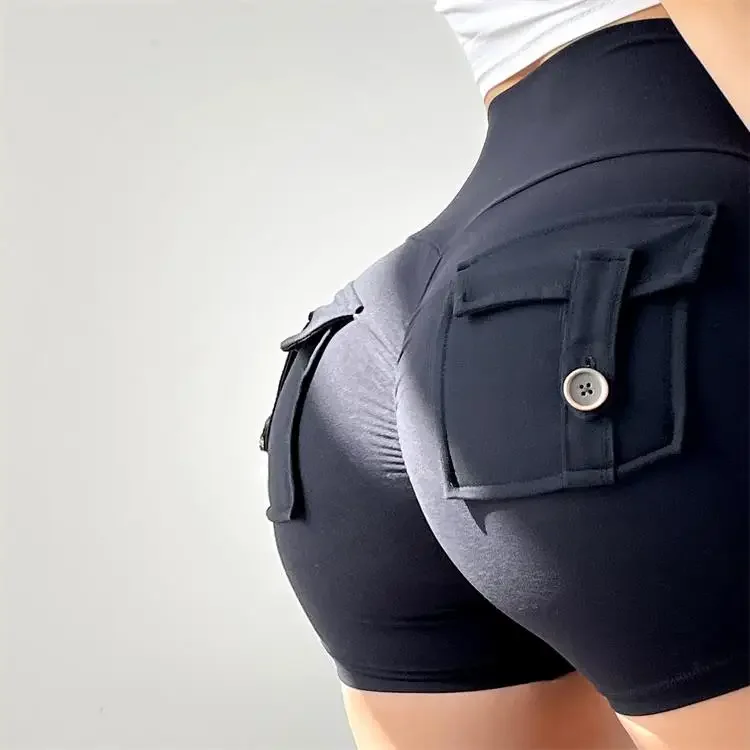 Yoga Shorts Naked Sensation Fabric High-Waisted Pocket Workout Tights Women Stretchy Elastic Activewear Fitness Sport Shorts