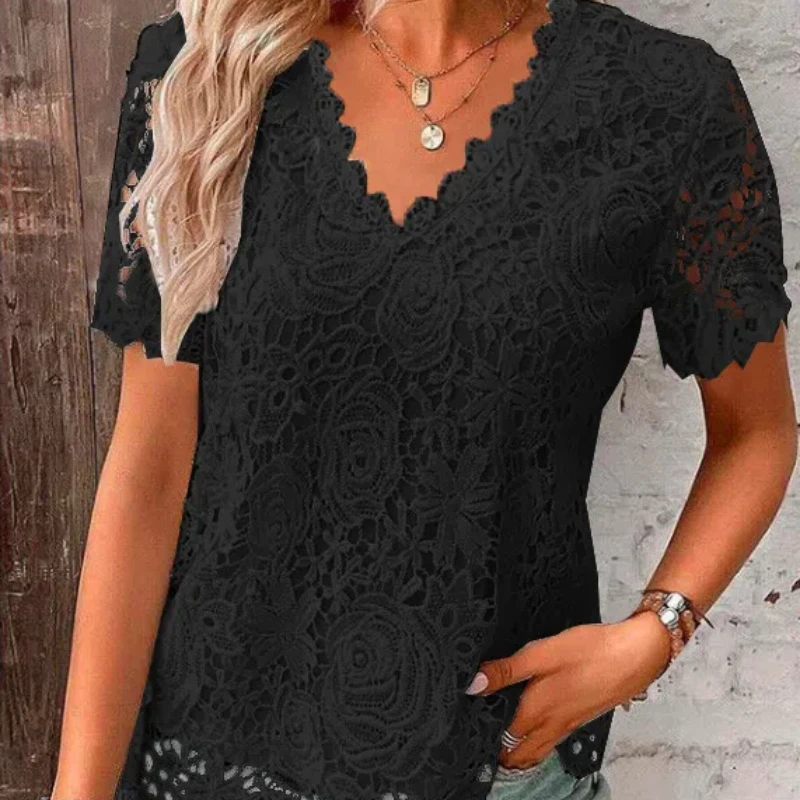 Summer New Blouse V-neck Elegant Lace Women's Casual Top Short Sleeved Flower Embroidered T-shirt 328