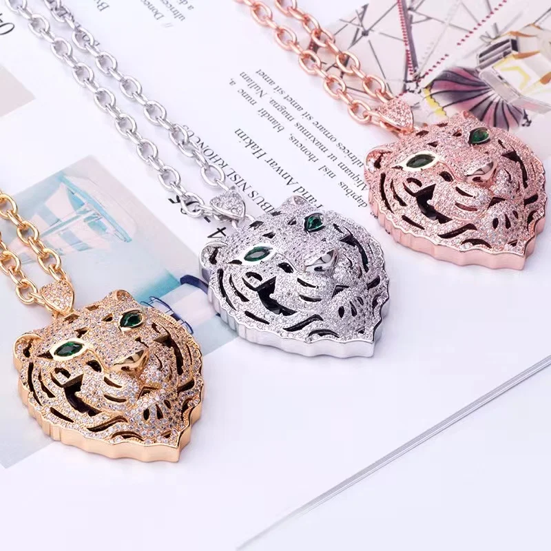 

Classic Fashion Tiger Head pendant Cubic Zirconia Stone Animal Shape Panther Necklace for Men or Women Designer Copper Jewelry