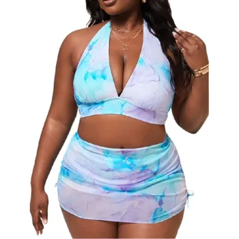 Plus Size Women Tie Dye 3-Piece Swimsuit Set Halter Bra High Waisted Bikini Bottom & Beach Skirt Sexy Swimwear
