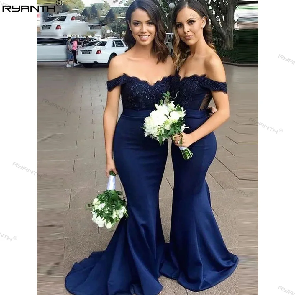 

Long Satin Mermaid Bridesmaid Dresses 2024 Off the Shoulder Vestido De Festa De Casamento Longo Navy Blue Prom Dress