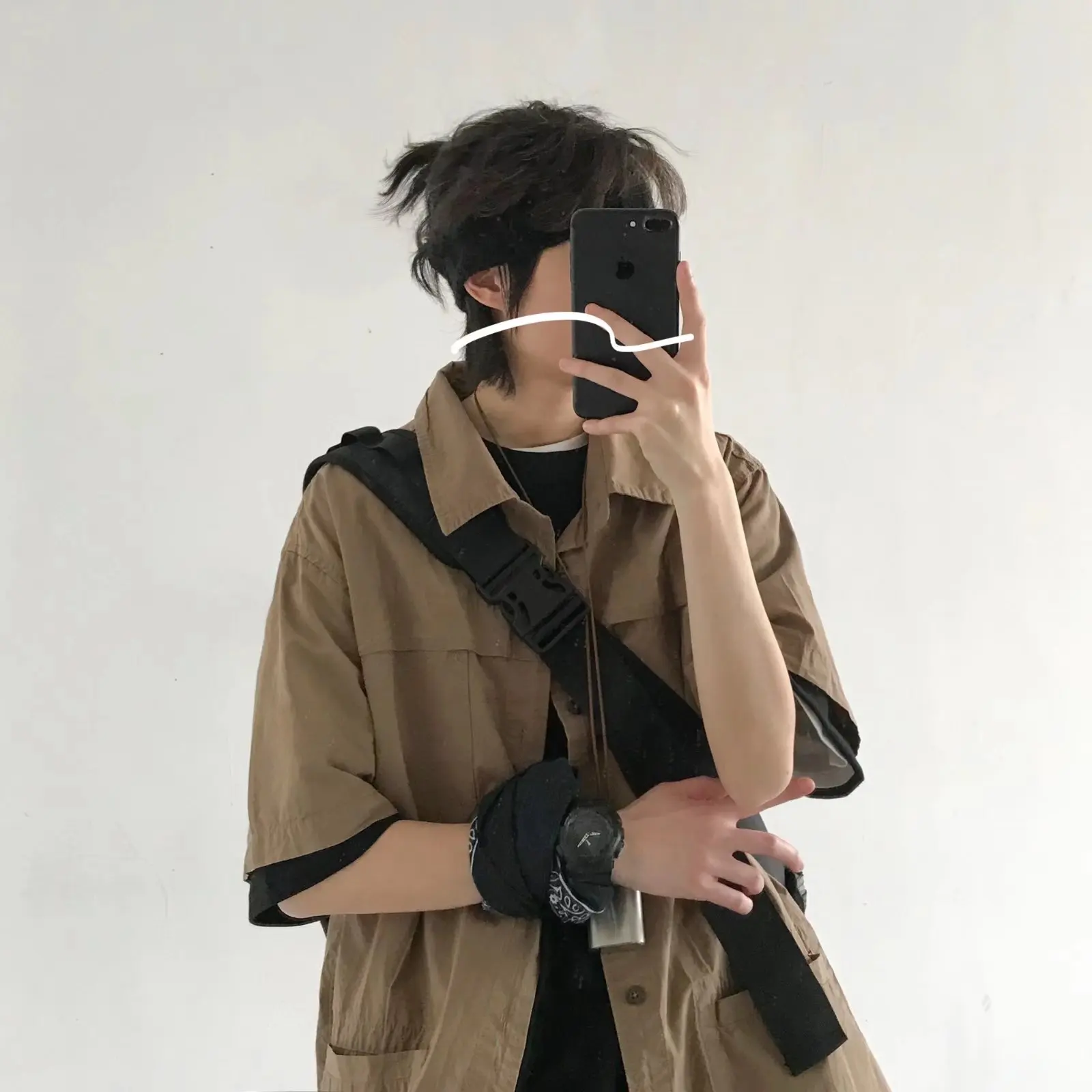 Shirts Men Brown Solid Japanese Fashion Cargo All-match High