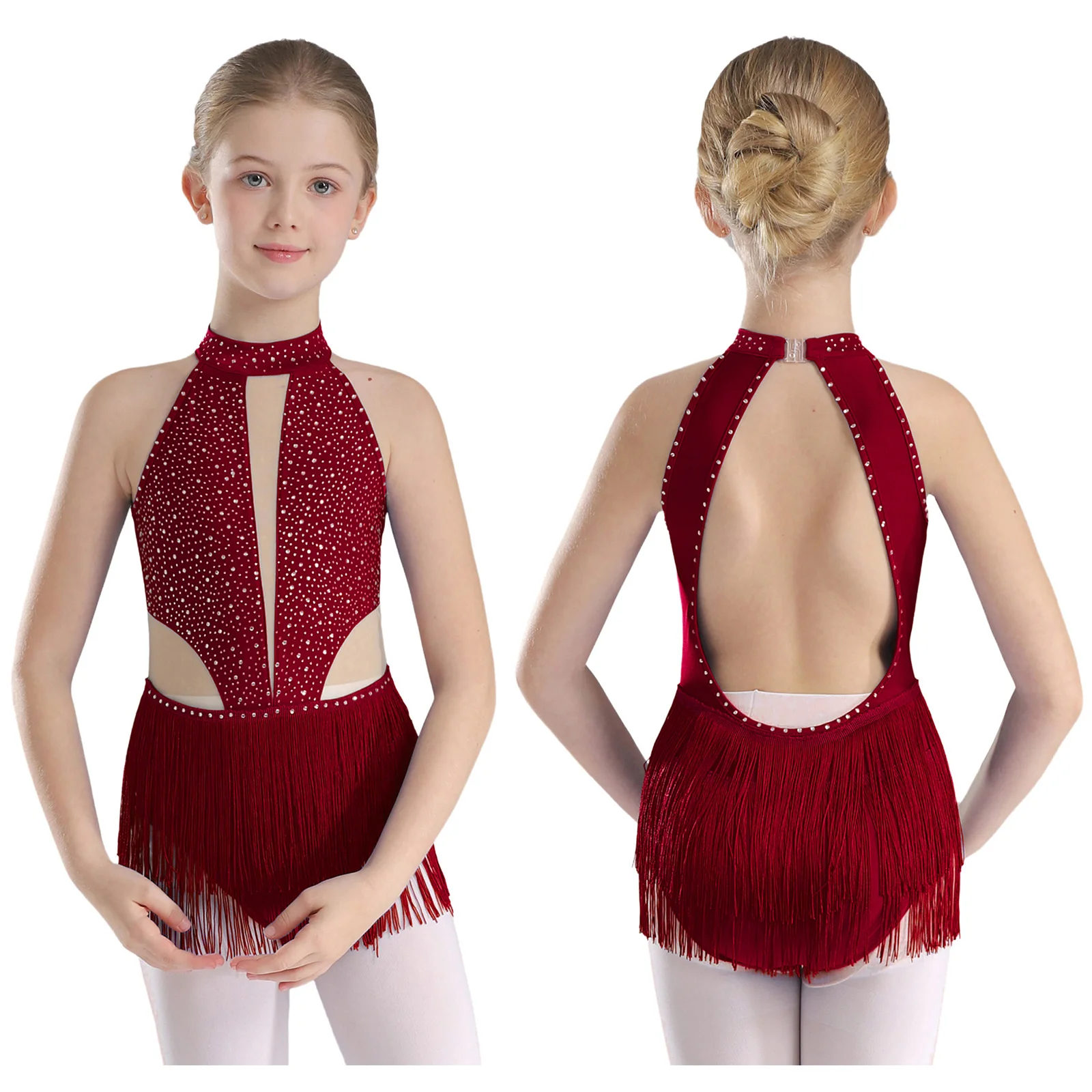 Niños Niñas brillante Rhinestone gimnasia patinaje artístico disfraz Ballet Jersey baile latino leotardo espalda descubierta mono con flecos