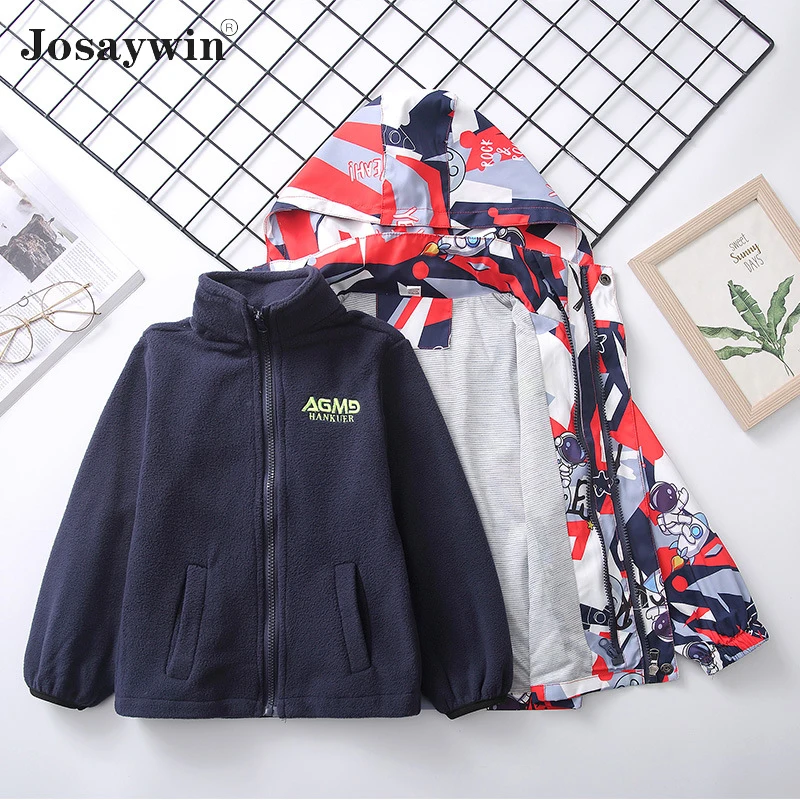 Autumn Winter Removable Tench Coat Boys Kids Print Clothes Detachable Jacket Boys Teenager Velvet Coats Tench Windbreaker