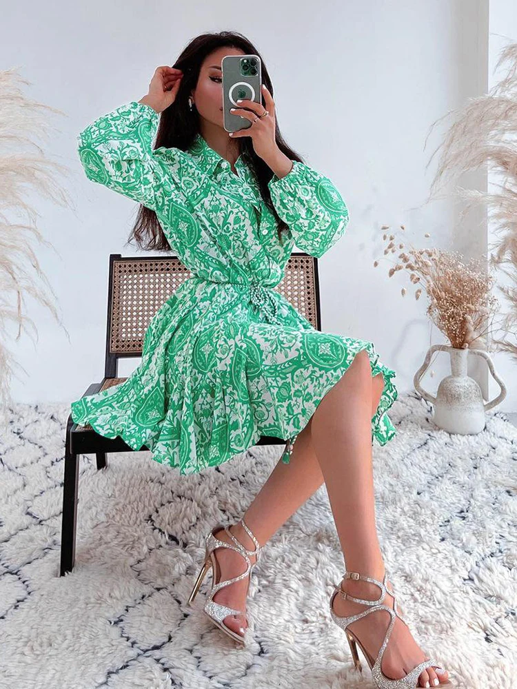 Green Paisley Floral Shirt Dress 