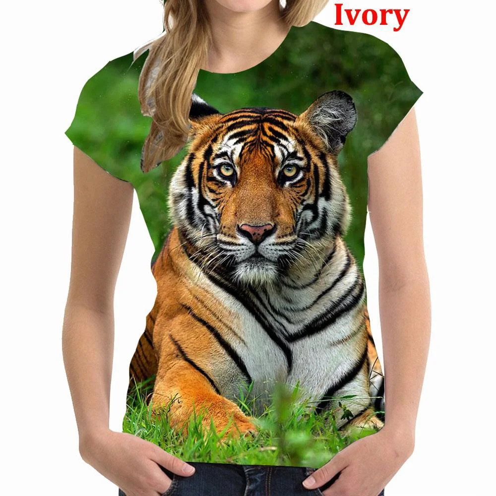 Women's Tiger Pattern Short Sleeve Blouse Loose Fit Short Sleeved Shirts for Women Casual Womens Round Neck Tops