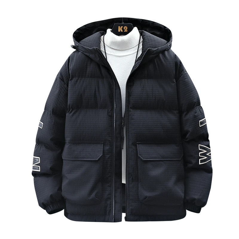 Fashion Youth Men Winter Letter Embroidery Large Pocket Hooded Cotton-Padded Jacket Unisex Parkas Thick Warm Fashion Windbreaker