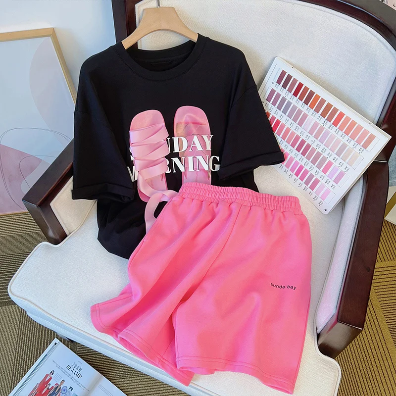 

Cotton Sportswear Shorts Suit Women Summer 2022 Fashion Streetwear O Neck Short Sleeve T-shirts With Casual Pants 2 Piece Set