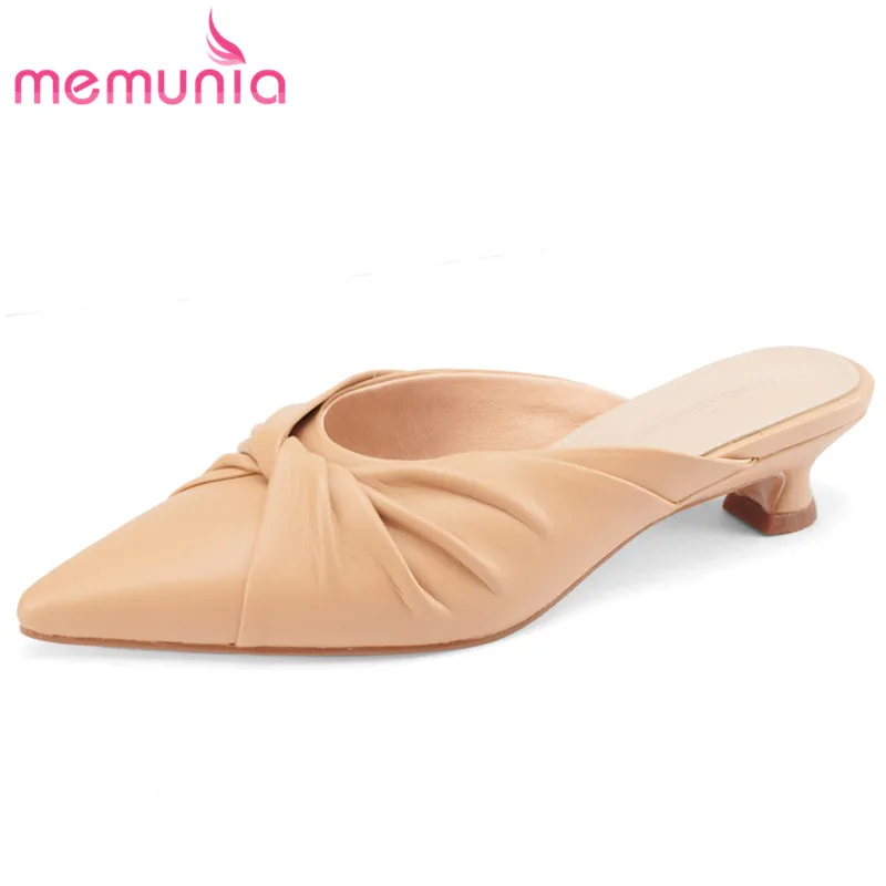 

MEMUNIA 2023 New Size 33-40 Top Sale Thick Med Heels Shoes Pleated Sheepskin Mules Slippers Woman Ladies Party Summer Slippers