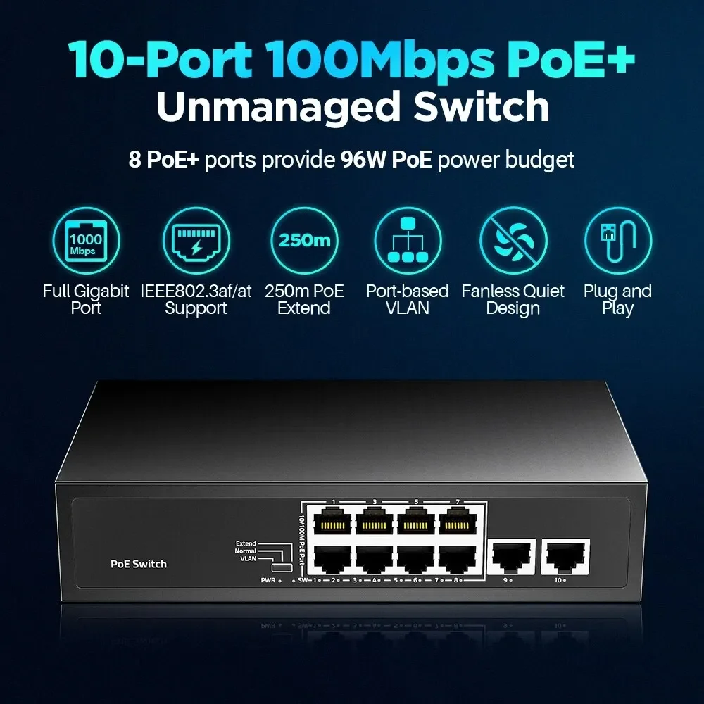Port Poe Switch 100mbps Poe Mais Porta Uplink Ethernet 120w 3af a 30w 15w sem Metal Ampcom8 - Imagem 2
