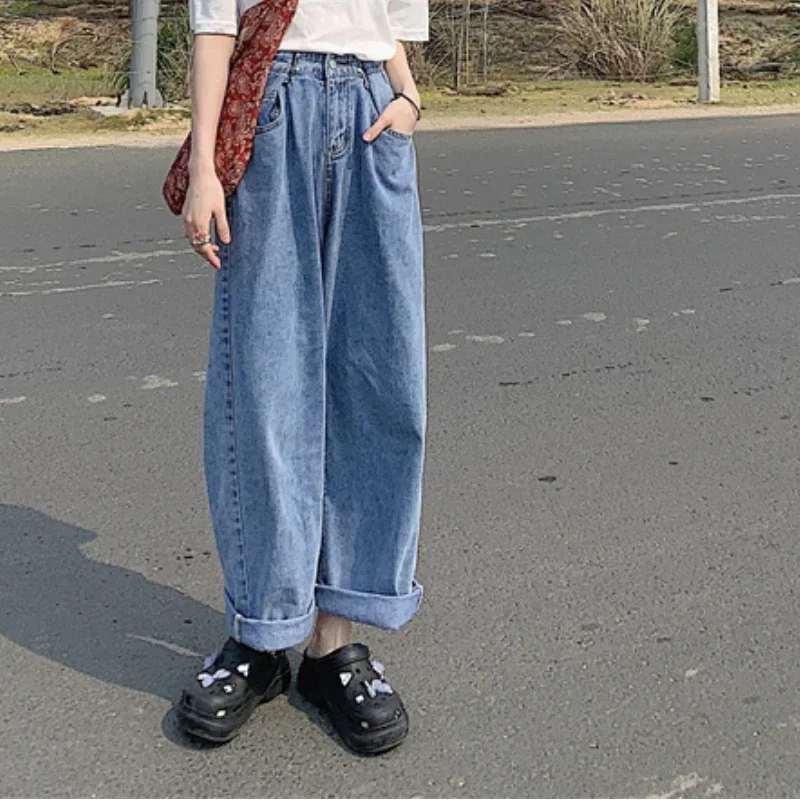 New High Waist Slimming Loose Butt Buckle Loose Straight Pink Fashion Casual Denim Trousers Ladies Korean Wide-leg Women Pants