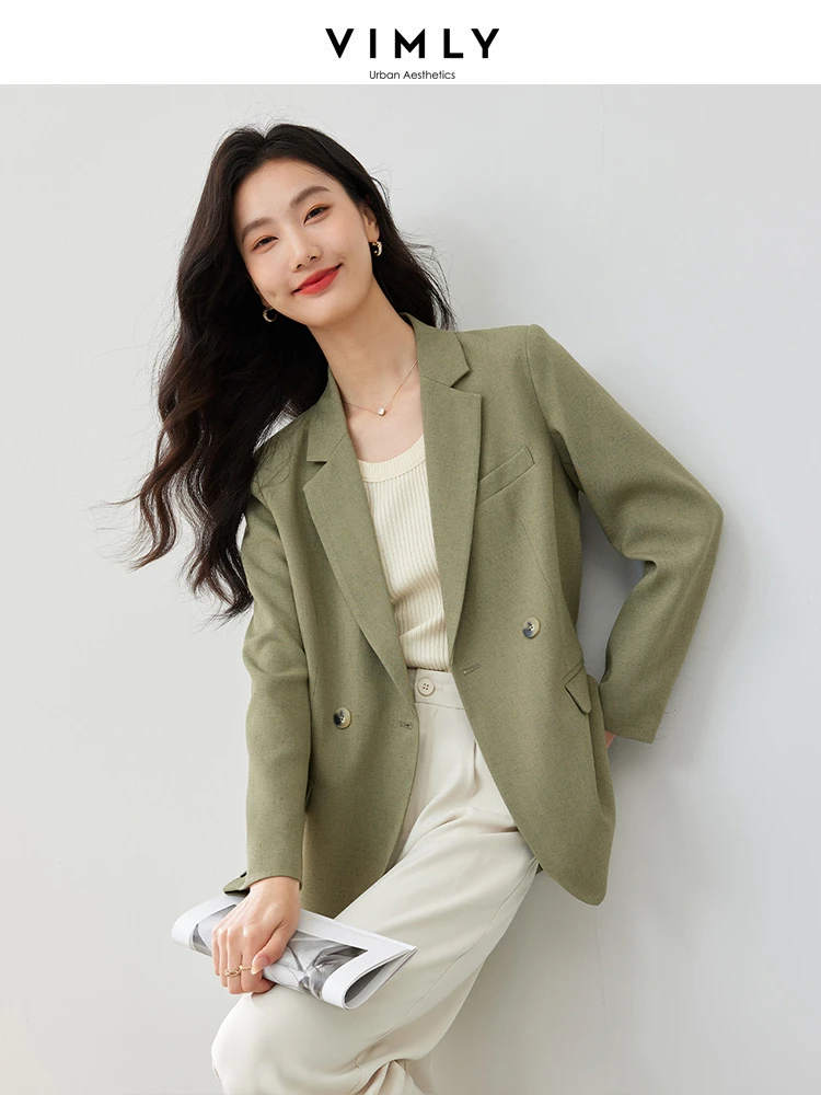 Vimly Spring Linen Blend Blazers for Women 2024 Business Office Wear Suit Jacket Shoulder Padded Notched Straight Blazer M6151
